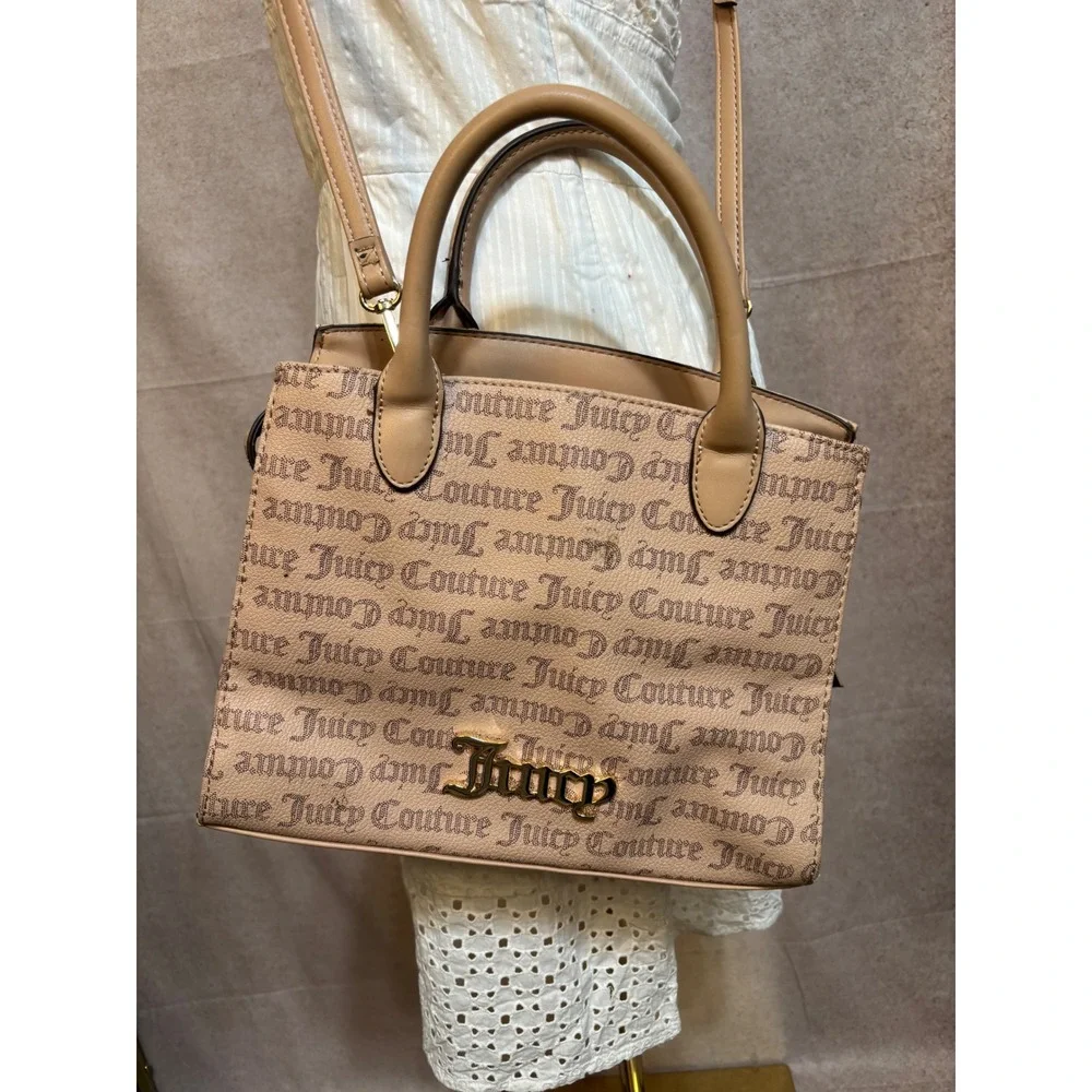 Juicy Couture Monogram Satchel Bag Tan Beige Crossbody‎ Logo Handbag Gold Tone